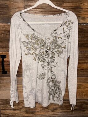 Y2K Gray Floral Long Sleeve Top with Metallic Beaded Accents & Lace-Up Sleeves